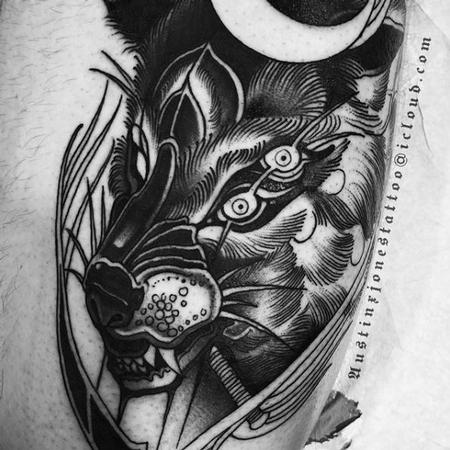 Austin Jones - Black and Gray Wolf with 4 eyes Tattoo